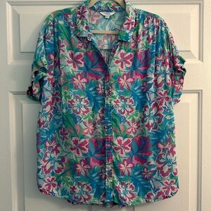 Time and Tru Blue & Pink Tropical Button Up Blouse Large